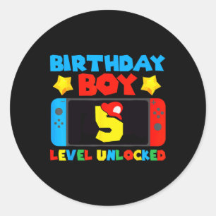 5 Unlocked Video Game 5th Birthday Boy Gamer  Classic Round Sticker