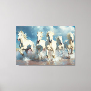 5 White Horses on the Beach Canvas Print