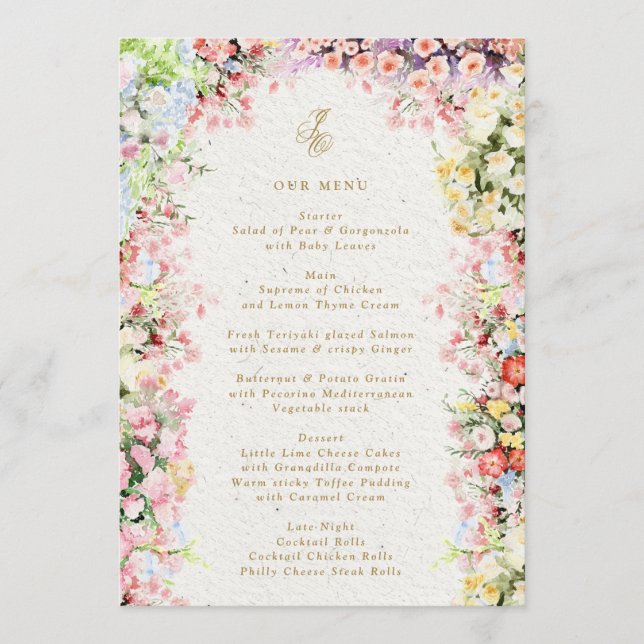 5 x 7 french chateau floral summer wedding menu (Front)