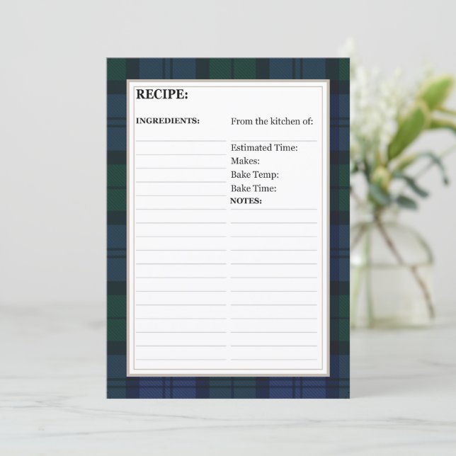 5" x 7" Recipe Card - Tartan Dark Watch Pattern (Standing Front)