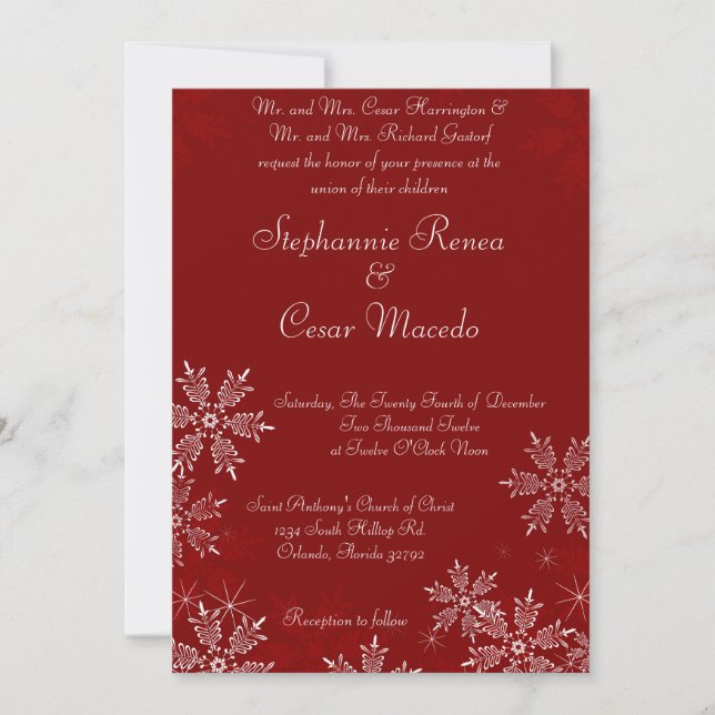 5 x 7 Wedding Invitation Christmas Red Snowflakes (Front)