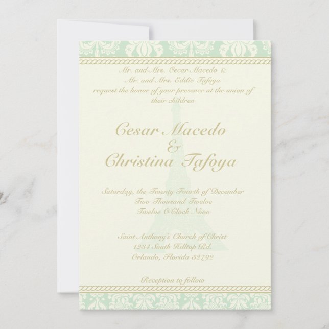 5 x 7 Wedding Invitation Damask Paris Eiffel Tower (Front)