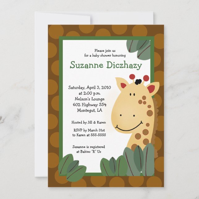 5 x 7 Zanzibar GIRAFFE Jungle Baby Shower Invitation (Front)