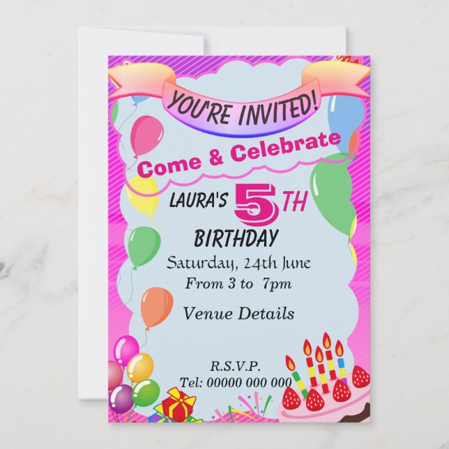 5 Year Old 5th Birthday Party Invitation (Front)