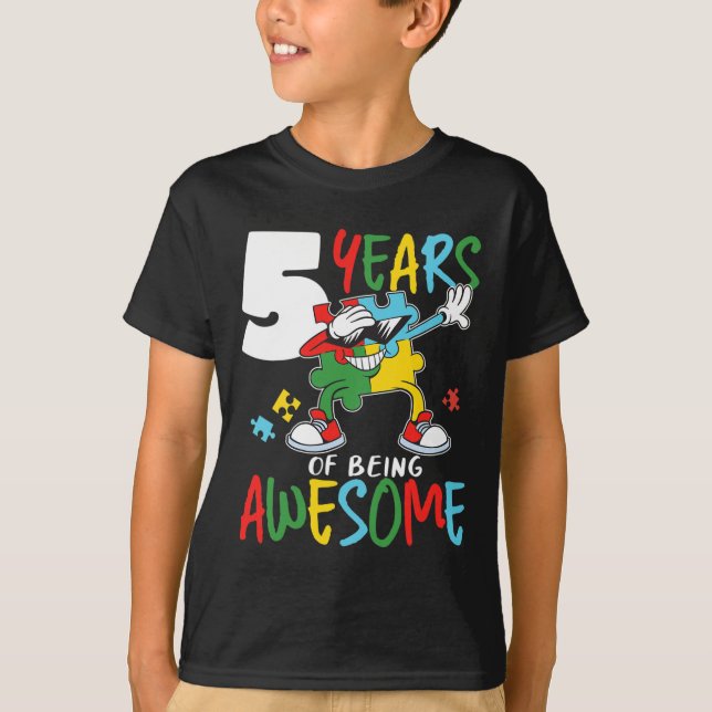 5 Year Old Birthday Autistic Boy Girl Autism Aware T-Shirt (Front)