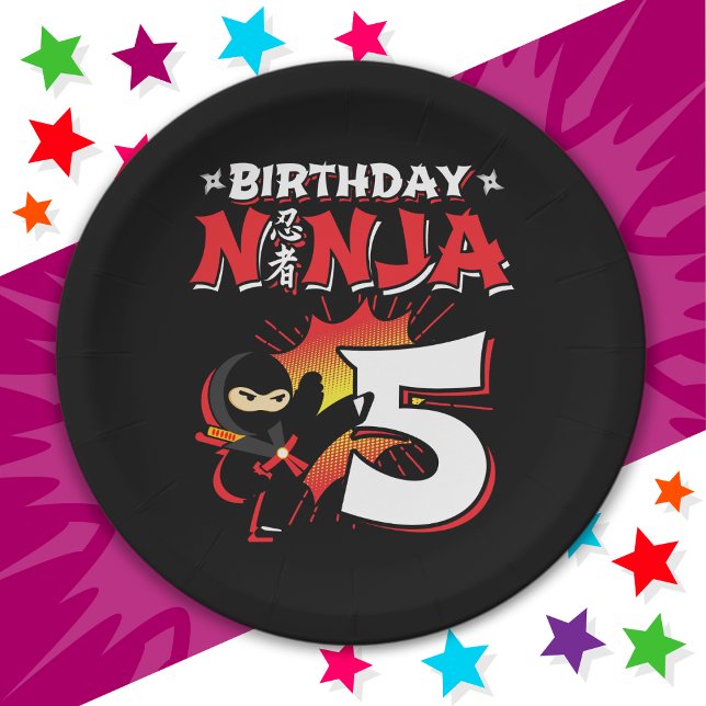 5 Year Old Comic Book Style Ninja 5th Birthday Paper Plate (Creator Uploaded)