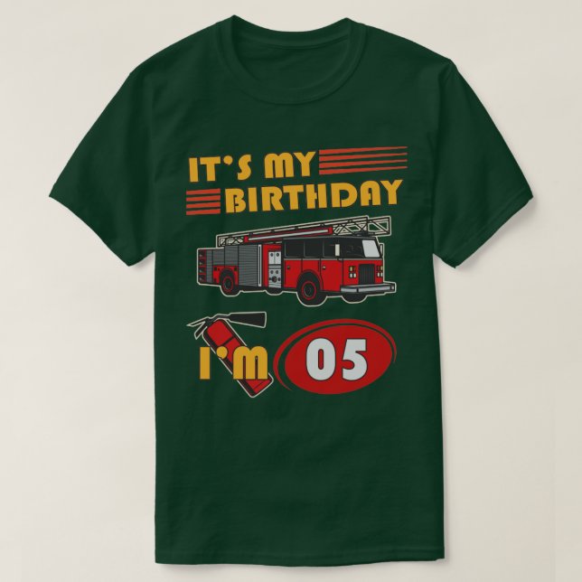 5 year old Its My Birthday Fire Truck 5th Birthday T-Shirt (Design Front)
