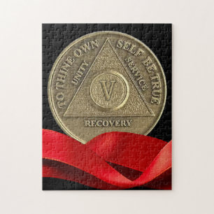 5 Year Sober Recovery Anniversary Coin Red Ribbon Jigsaw Puzzle
