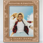 5 Year Wood  Wedding Anniversary Forevermore  Etched Frames<br><div class="desc">5 year wood anniversary gifts. Romantic Vintage Inspired Aesthetic Floral Scroll Border Newlywed Wedding Photo Laser Etched Wood Frames. Bride and Groom's Names at top of frame with a heart in each top corner. Five Years Down and Forever to Go at the bottom. Perfect for newlyweds 1st Christmas (for newlyweds...</div>