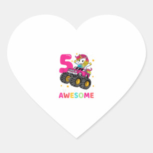 5 Years Old Unicorn Riding Monster Truck 5th Birth Heart Sticker