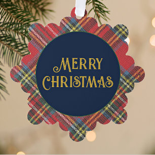 5in Stewart Tartan Frame Merry Christmas Navy Gold Tree Decoration Card