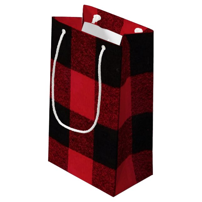 5lx3wx8.5h Small Gift Bag Red Buffalo Plaid Bear (Back Angled)