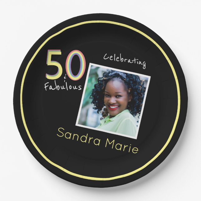5O and Fabulous black Yellow Rainbow Chic Birthday Paper Plate (Front)
