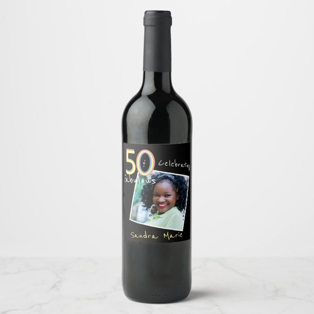 5O and Fabulous black Yellow Rainbow Chic Birthday Wine Label (Front)