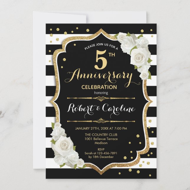 5th Anniversary Invitation - Black White Gold (Front)