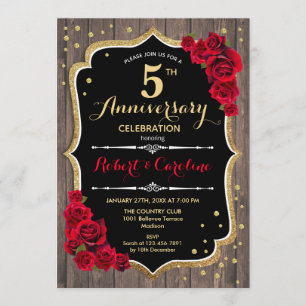 5th Anniversary Invitation - Wood Red Gold