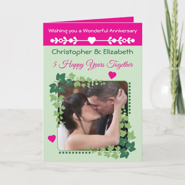 5th Anniversary photo green pink Card (Front)