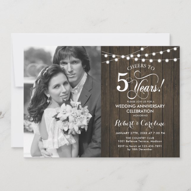 5th Anniversary with Photo - Rustic Wood Invitation (Front)