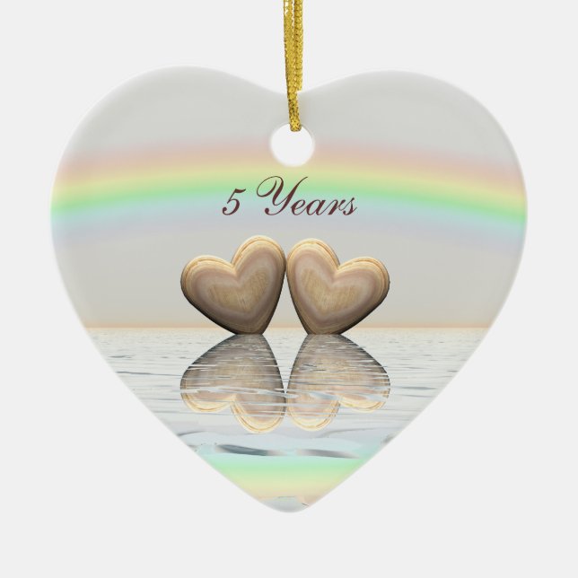 5th Anniversary Wooden Hearts Ceramic Tree Decoration (Front)