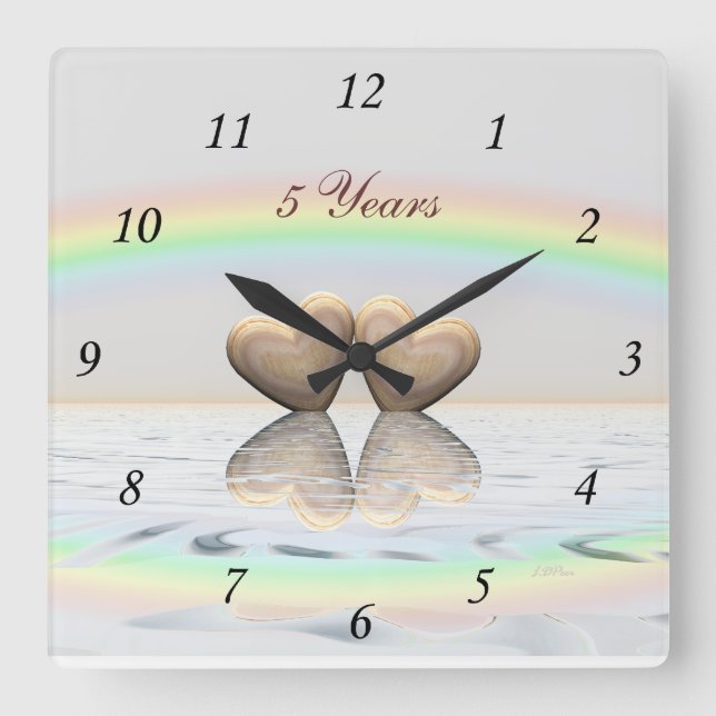 5th Anniversary Wooden Hearts Square Wall Clock (Front)