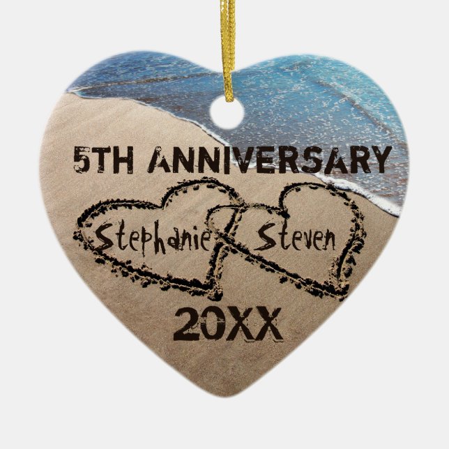 5th, Any Anniversary Two Hearts In Sand Ornament (Front)