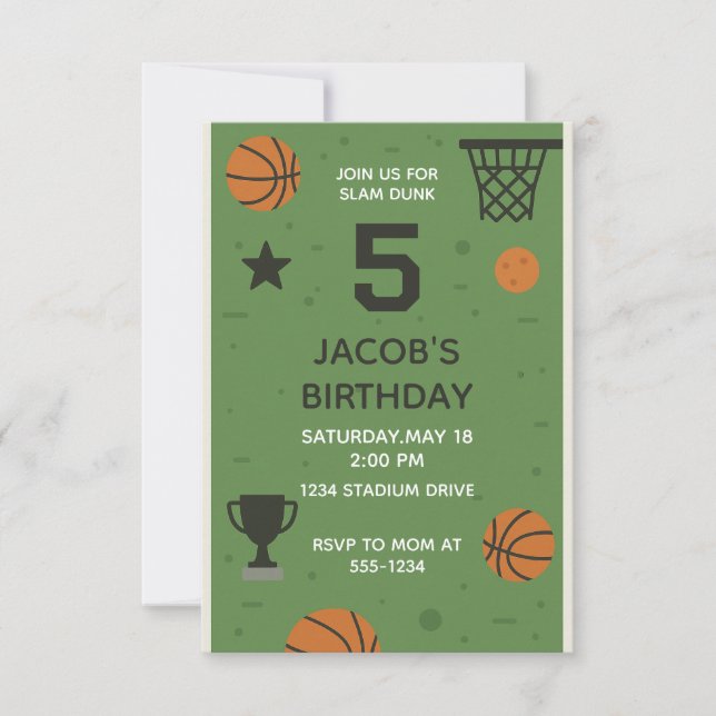 5th Basketball Sports Birthday Invitation For Boys (Front)