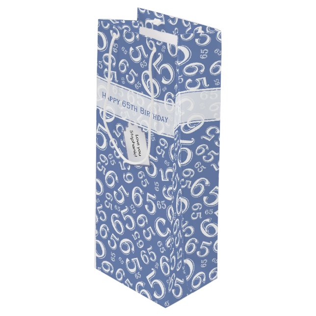 5th Biirthday Random Number Pattern Blue/White Wine Gift Bag (Front Angled)