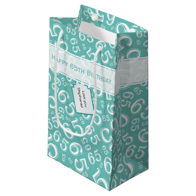 5th Biirthday Random Number Pattern Teal/White Small Gift Bag (Front Angled)