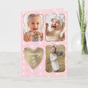 5th Birthday 3 Picture Collage Gold Pink Hearts Card
