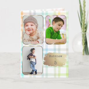5th Birthday 3 Picture Plaid Watercolor for Boy Card