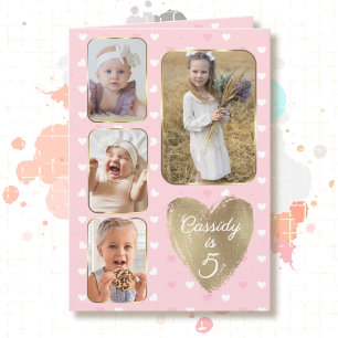 5th Birthday 4 Picture Collage Gold Pink Hearts Card
