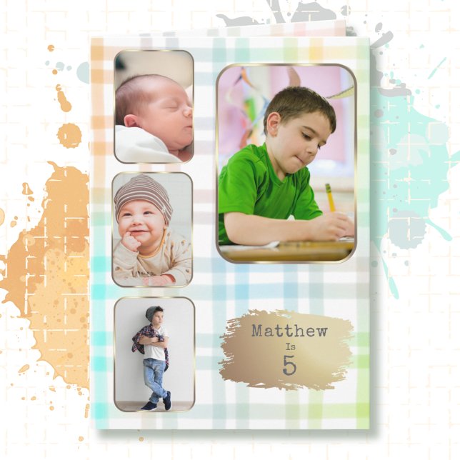 5th Birthday 4 Picture Collage Plaid for Him Card (Creator Uploaded)