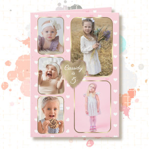 5th Birthday 5 Picture Collage Gold Pink Hearts Card