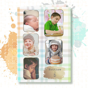 5th Birthday 5 Picture Plaid Watercolor Modern Card
