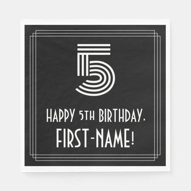 5th Birthday: Art Deco Inspired Look "5" + Name Napkin (Front)