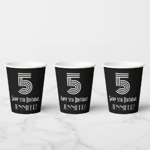 5th Birthday — Art Deco Inspired Look “5” + Name Paper Cups