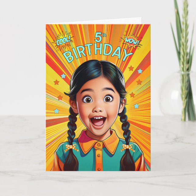 5th Birthday Asian American Girl Pop Art Style Card (Front)