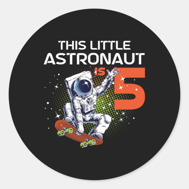 5th Birthday Astronaut Skateboarding 5 Year Old Sp Classic Round Sticker (Front)
