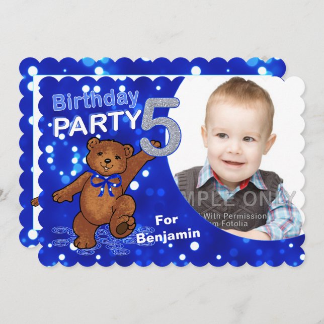 5th Birthday Bear Party Custom Photo Invitations (Front/Back)