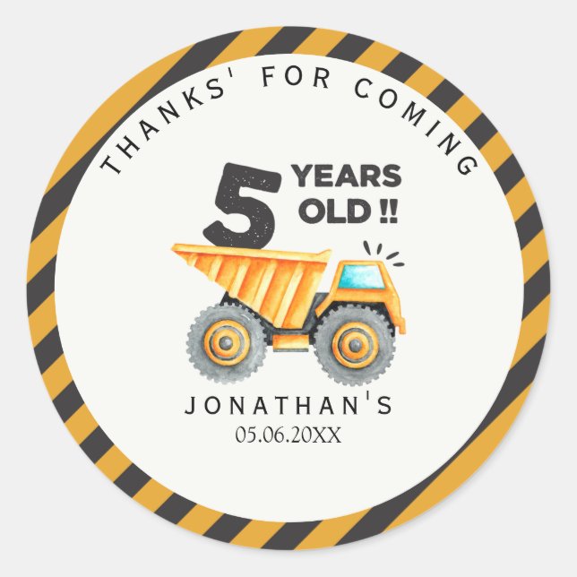 5th birthday boy construction truck classic round sticker (Front)