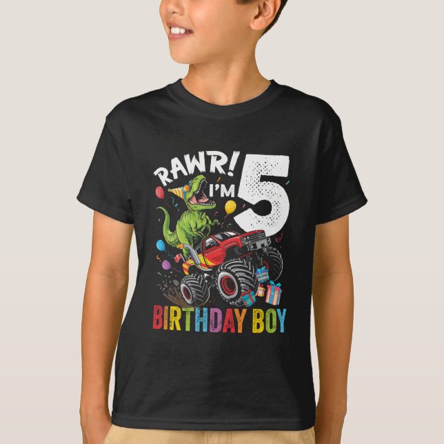 5th Birthday Boy Dinosaur Monster Gift T-Shirt (Front)