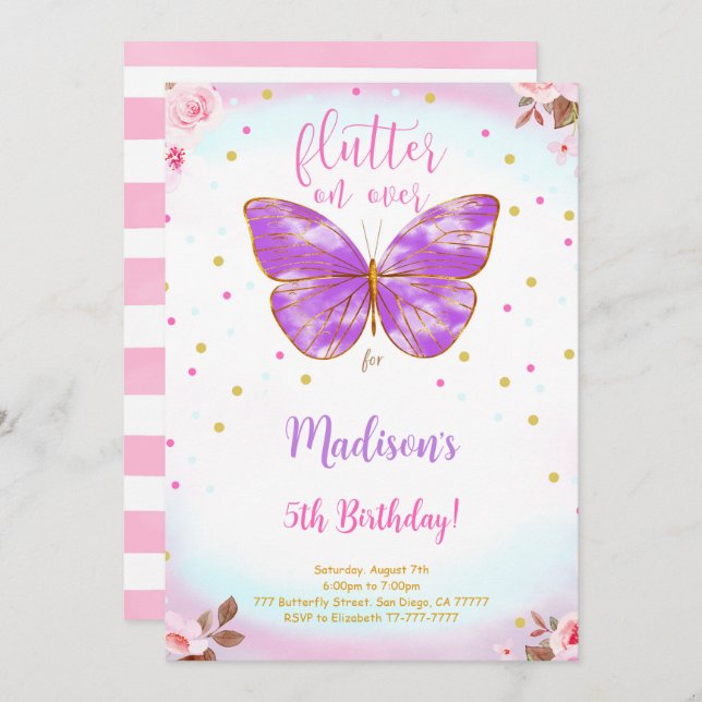 5th Birthday Butterfly Invitation (Front/Back)