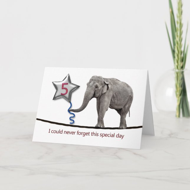 5th Birthday card with tightrope walking elephant (Front)
