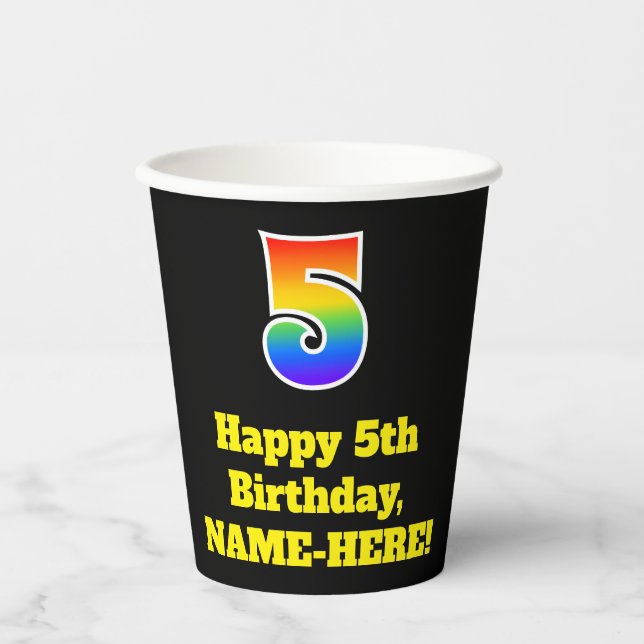 5th Birthday: Colourful, Fun, Exciting, Rainbow 5 Paper Cups (Front)