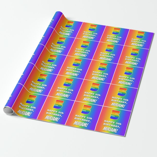5th Birthday: Colourful, Fun Rainbow Pattern # 5 Wrapping Paper (Unrolled)