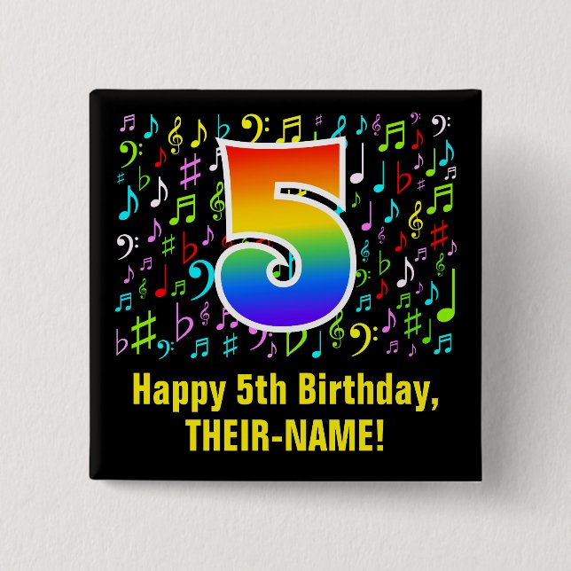 5th Birthday: Colourful Music Symbols, Rainbow 5 15 Cm Square Badge (Front)
