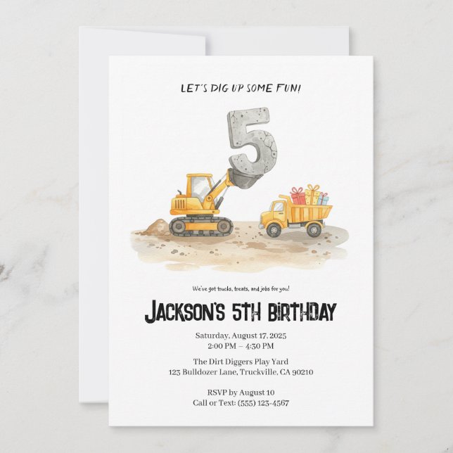 5th Birthday Construction Boy Birthday Invitation (Front)