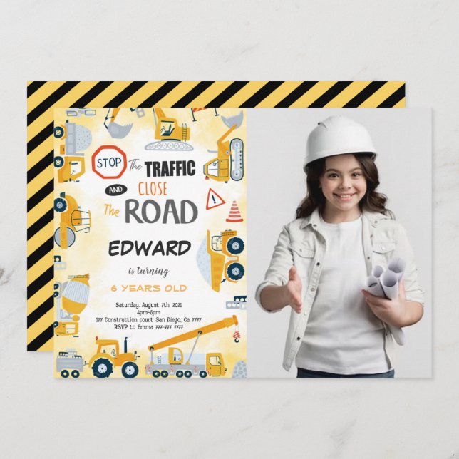 5th Birthday Construction Boy Photo Invitation (Front/Back)