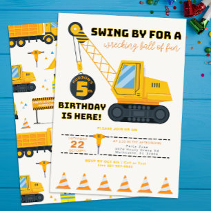 5th Birthday Construction Crane Invitation 