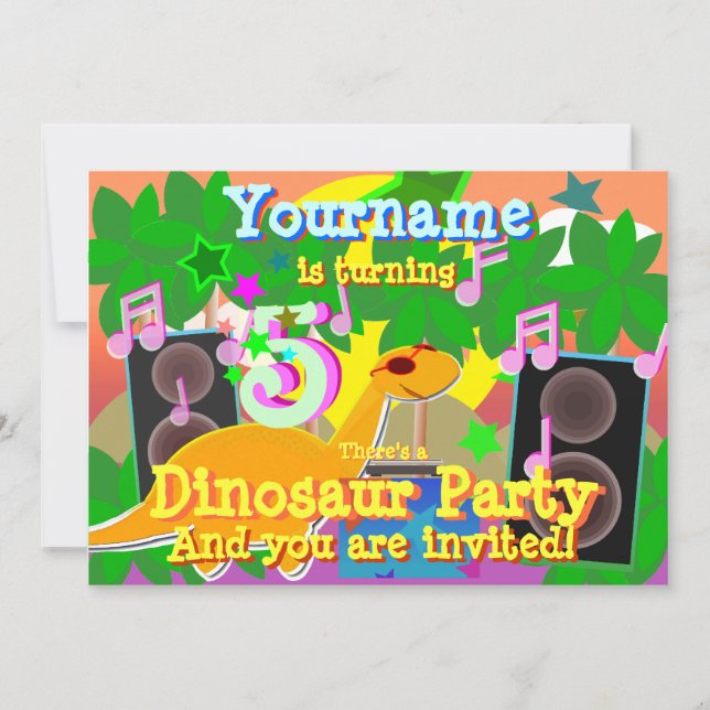 5th Birthday Cool Dinosaur DJ Party Invitation (Front)
